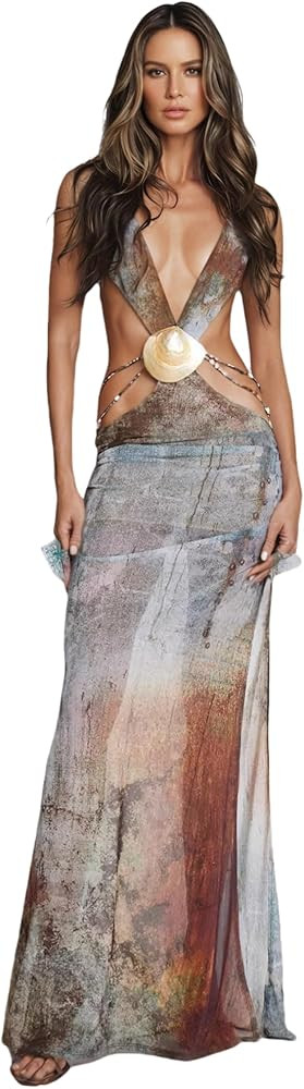 ZGMYC Women's Sexy Open Back Sheer Mesh Maxi Dress High Slit Beach Cover Up Dress Seashell Beaded... | Amazon (US)