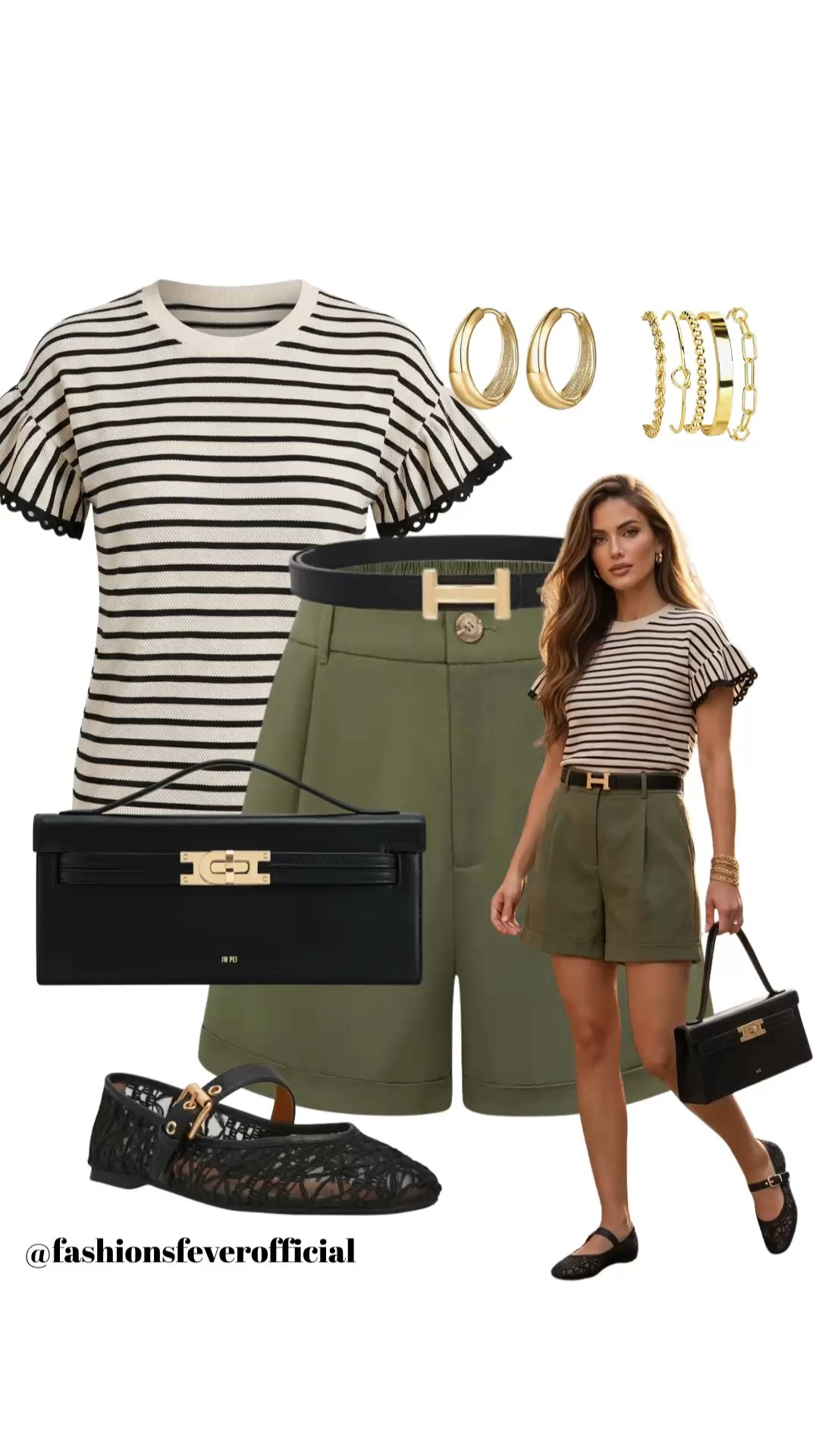 Effortlessly chic and tailored for warm-weather sophistication, this elevated casual look defines modern quiet luxury. The timeless striped ruffle-sleeve top pairs flawlessly with high-waisted olive green pleated shorts, cinched perfectly by a classic black leather belt with gold hardware. Complete with trendy sheer black mesh Mary Jane flats and a structured minimalist leather clutch, this outfit offers the perfect blend of comfort and high-end street style. Shop this look for your next brunch date, city stroll, or vacation wardrobe by clicking the link below! #SummerStyle #QuietLuxury #OOTD #CapsuleWardrobe #EverydayChic

#LTKsummer #LTKstyletip