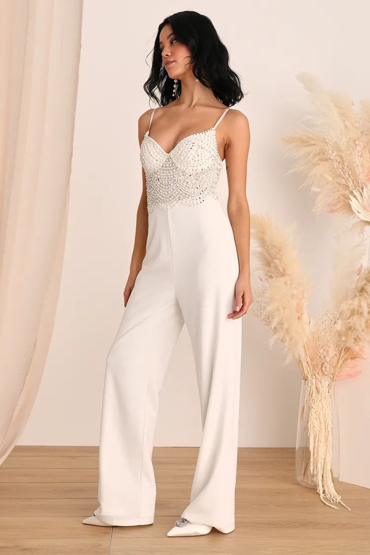 Classy Charm White Pearl Sequin Sleeveless Jumpsuit | Bride Jumpsuit | Rehersal Dinner Outfits Bride | Lulus (US)