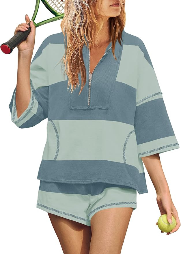 Yanekop Womens 2 Piece Outfits Summer Striped Lounge Set Two Piece Matching Workout Sets Oversize... | Amazon (US)