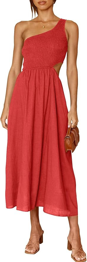 ANRABESS Women's Summer Sleeveless Smocked One Shoulder Cutout Sundress Flowy A-Line Beach Long M... | Amazon (US)