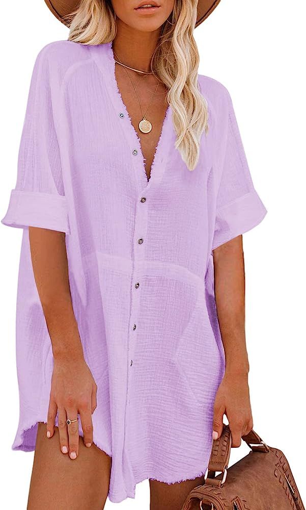 Paintcolors Women's Cotton Button Down Shirt Short Sleee Dresses Tunics Oversized Beach Cover up ... | Amazon (US)