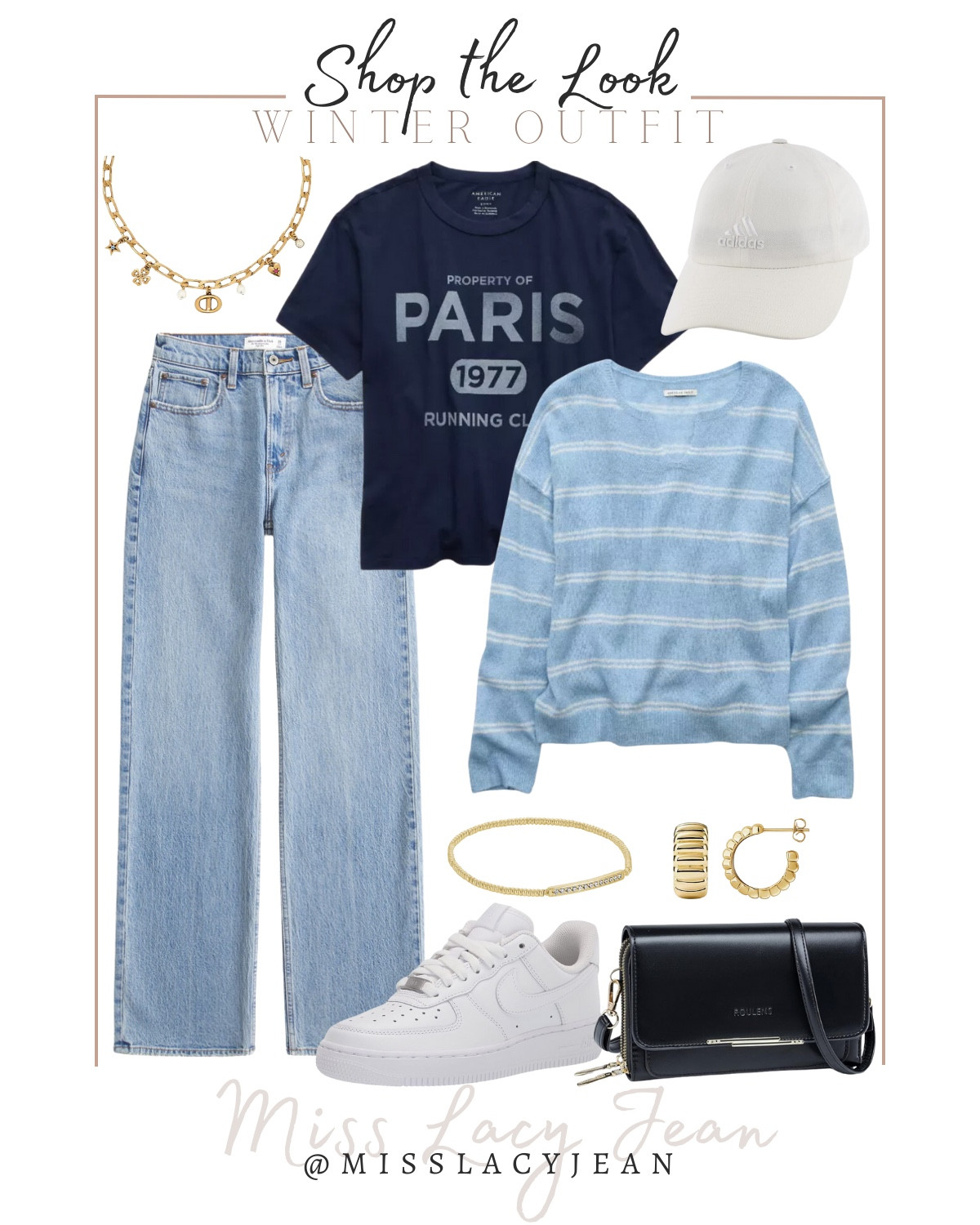 Winter casual outfit includes graphic tee, sweater, jeans, handbag, sneakers, gold jewelry, and baseball cap.

Casual outfit, everyday outfit, winter outfit

#LTKShoeCrush #LTKFindsUnder100 #LTKStyleTip