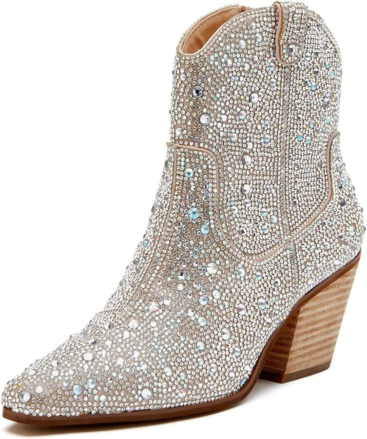 Ouepiano Women's Cowboy Boots Cowgirl Ankle Boots Western Rhinestones Boots Pointed Toe Low Chunk... | Amazon (US)