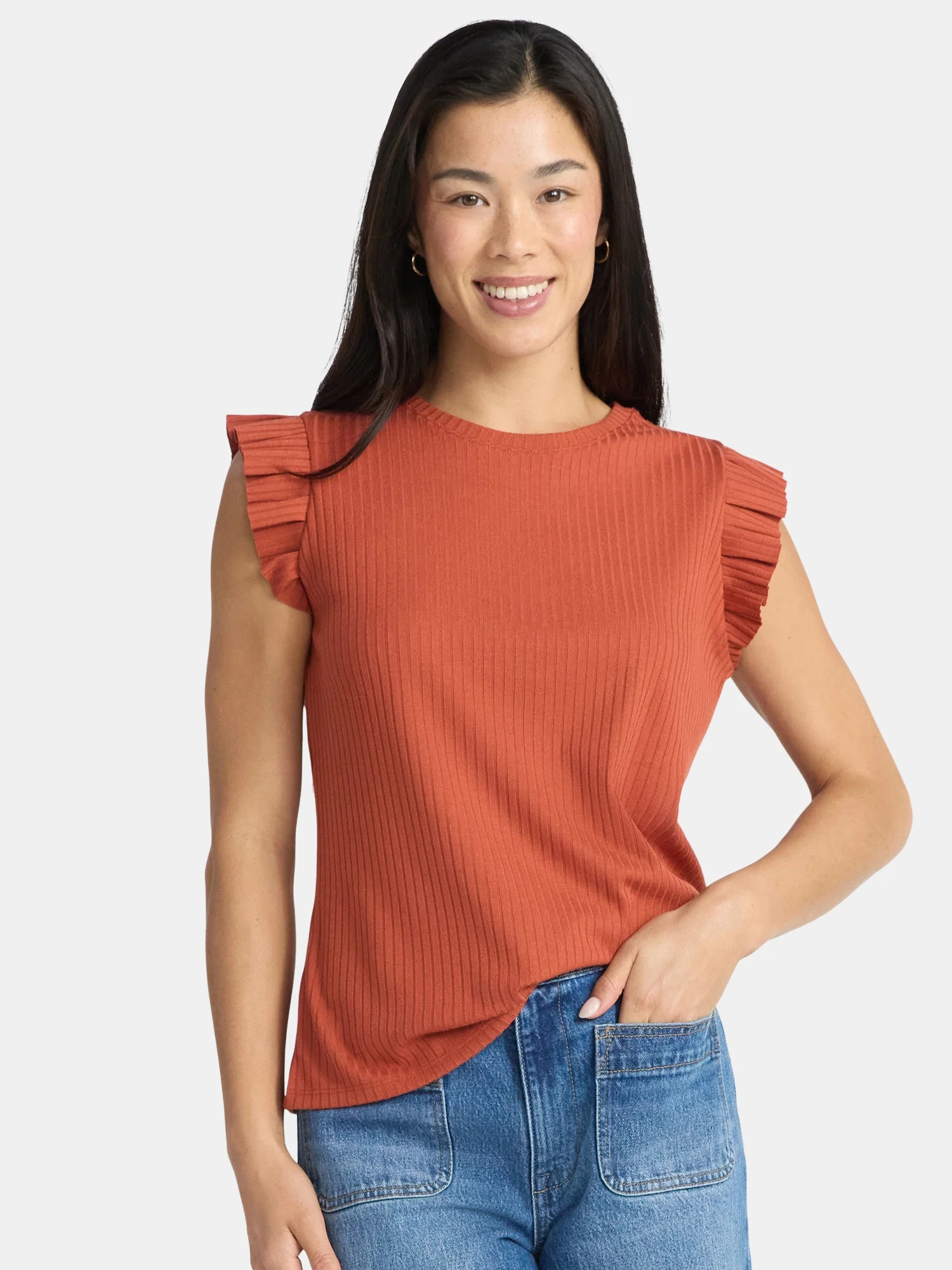 Time and Tru Women's Rib Ruffle Sleeve Top, Sizes XS-XXXL | Walmart (US)