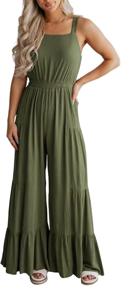BLENCOT Jumpsuits for Women Summer Casual Loose Sleeveless Overalls Jumpsuit Ruffle Wide Leg Long... | Amazon (US)