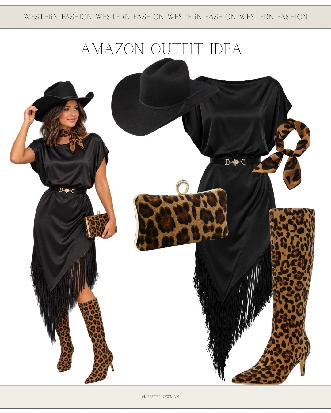 Serving bold cowgirl energy! 🖤🐆 This black fringe dress paired with leopard print knee-high boots, a matching clutch, and a statement cowboy hat is the ultimate NFR night-out look. Add a leopard neck scarf for the perfect finishing touch!

#NFR2026 #NFRoutfit #LeopardPrintFashion #WesternGlam #CowgirlChic #FringeDress #VegasOutfits #AmazonWesternFashion #LTKOutfits #ShopLTK