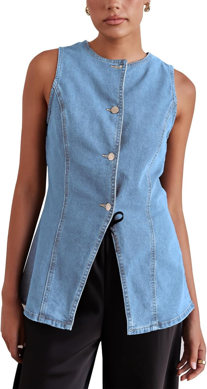 Women’s Long Denim Vest Waistcoat Vest Sleeveless Button-Up Back Slit Jean Jacket Vest Y2k Clot... | Amazon (US)