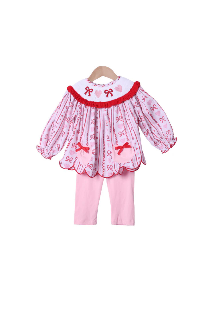 Smocked Fancy Floral Heart and Bow Pant Set | The Smocked Flamingo