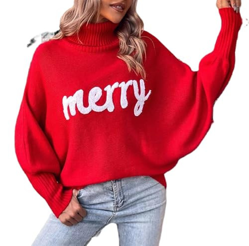 Women's Merry Christmas Sweater Longsleeves Turtleneck Knitted Sweatshirts Christmas Festival Pullover Sweater (Red, S) | Amazon (US)