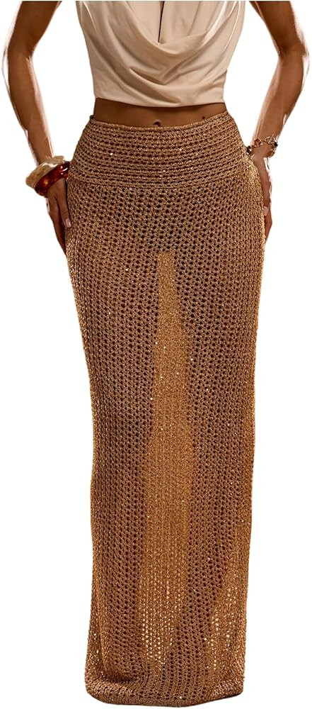 MakeMeChic Women's Swim Beach Cover Ups Summer Crochet Sequin Fishtail Maxi Skirts | Amazon (US)