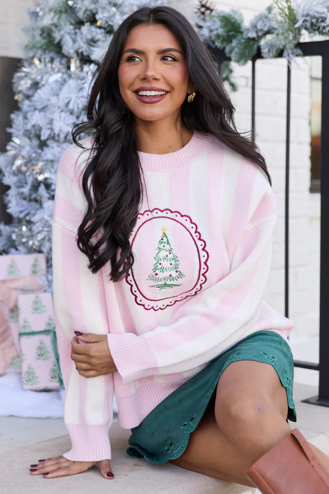 Chelly Pink Stripe Christmas Tree Crewneck Sweater | Pink Lily