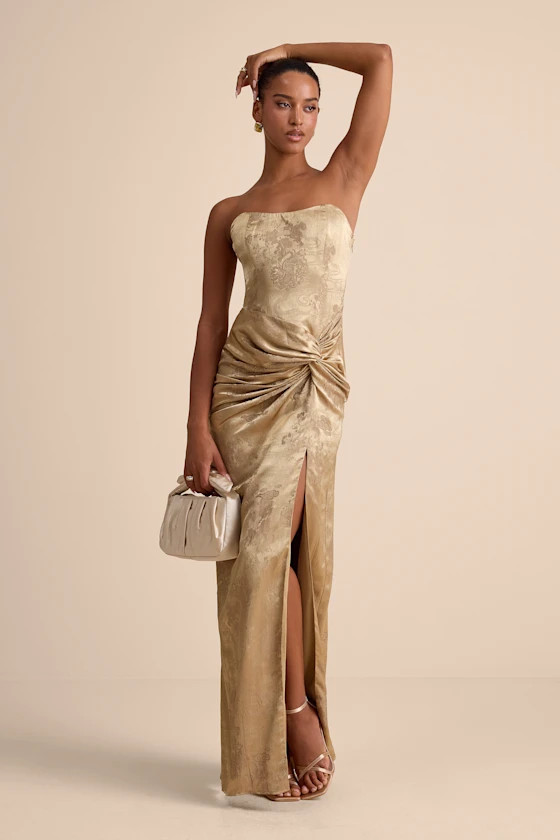 Whitney Gold Jacquard Strapless Twist-Front Maxi Dress | Lulus