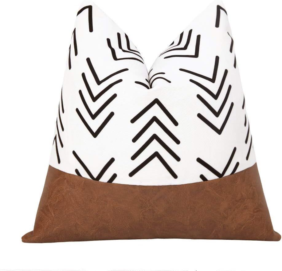 cygnus Boho Decorative Throw Pillow Covers Faux Leather Stitching White Cotton Canvas Black Arrow... | Amazon (US)