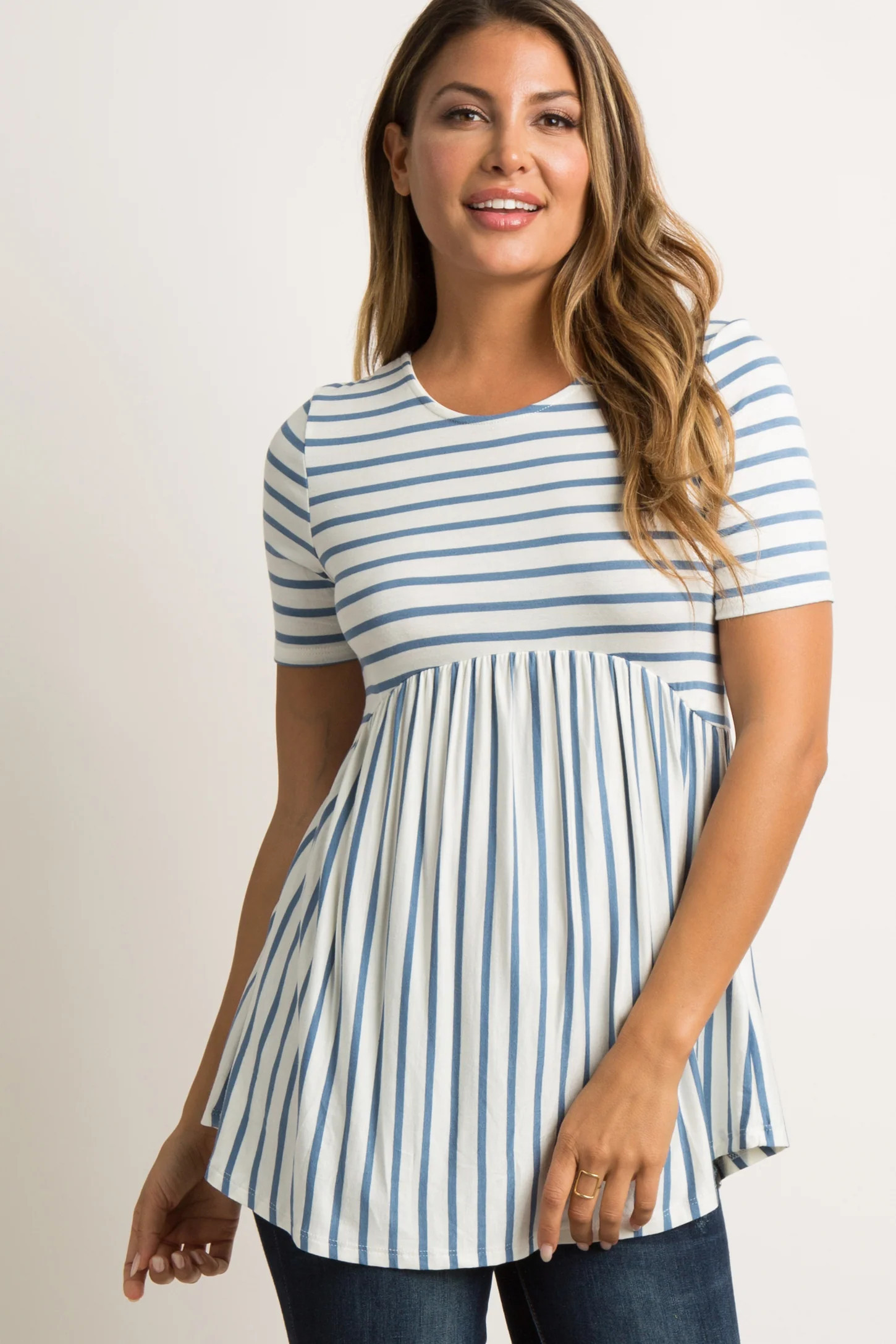PinkBlush Blue Striped Cross Back Peplum Top | PinkBlush Maternity