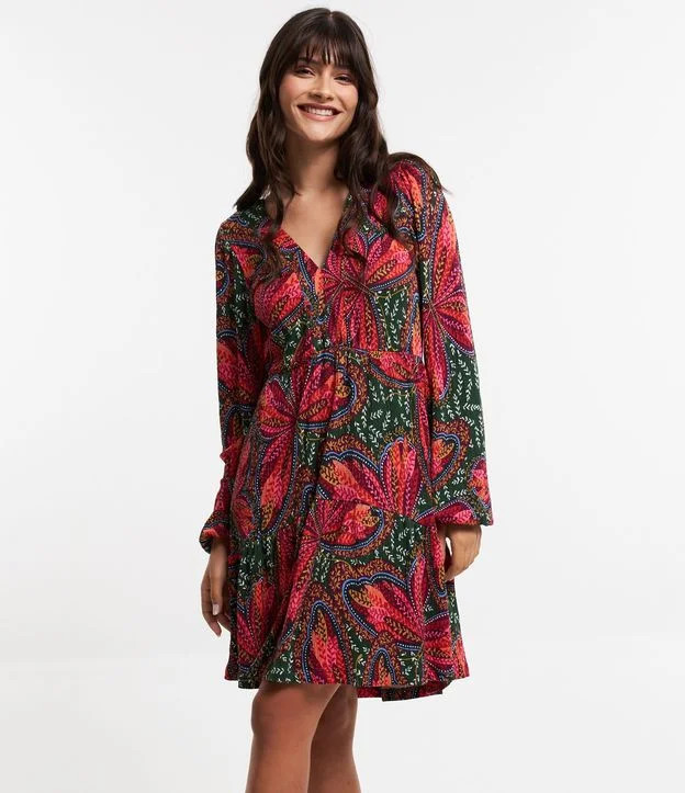 Vestido Curto Texturizado com Babado e Estampa Borboletas Multicores | Renner (BR)