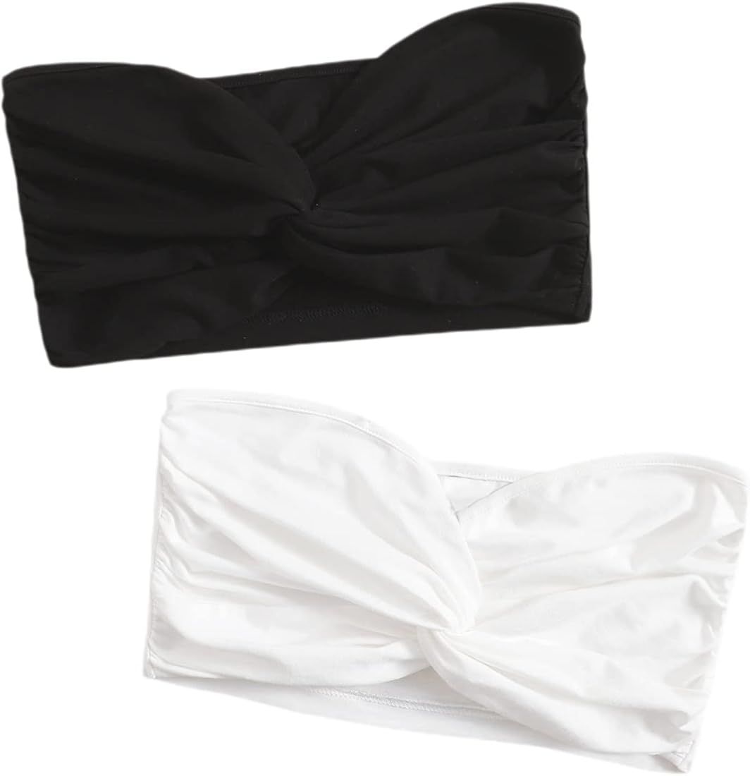 WDIRARA Women's 2 Piece Twist Front Strapless Crop Tube Top Sleeveless Camisole Black and White S... | Amazon (US)