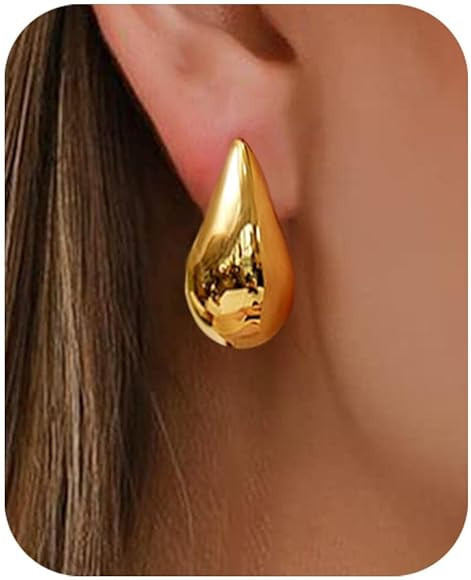 PANSHI Sterling Silver Post Gold Drop Earrings | Lightweight Chunky Gold Hoop Teardrop Earrings f... | Amazon (US)