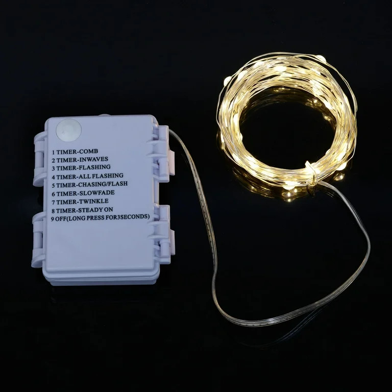 Mainstays Battery-Operated Indoor 50-Count LED Warm White Wire Lights, with 8 Lighting Modes | Walmart (US)