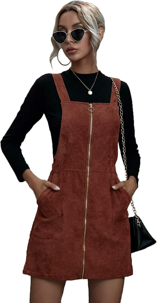 Floerns Women's Corduroy Button Down Pinafore Overall Dress with Pockets | Amazon (US)