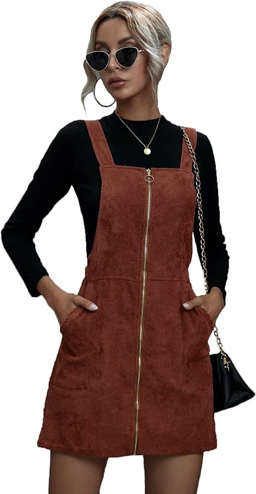 Floerns Women's Corduroy Button Down Pinafore Overall Dress with Pockets | Amazon (US)