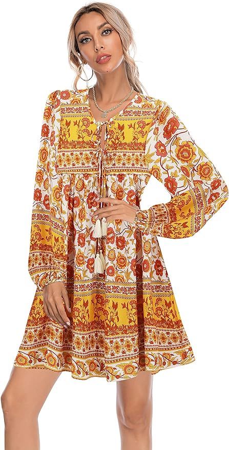 R.Vivimos Womens Long Sleeve Floral Casual Print Cotton Mini Tunic Dress | Amazon (US)