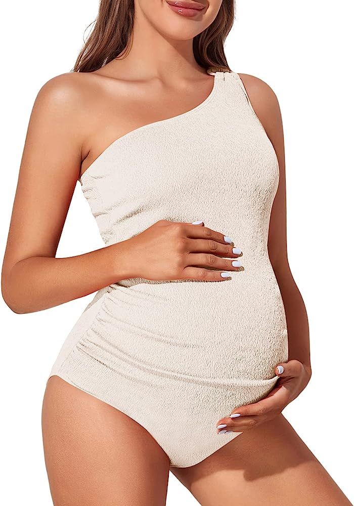 Summer Mae Maternity Swimsuit One Piece One Shoulder Ribbed Pregnancy Bathing Suit | Amazon (US)