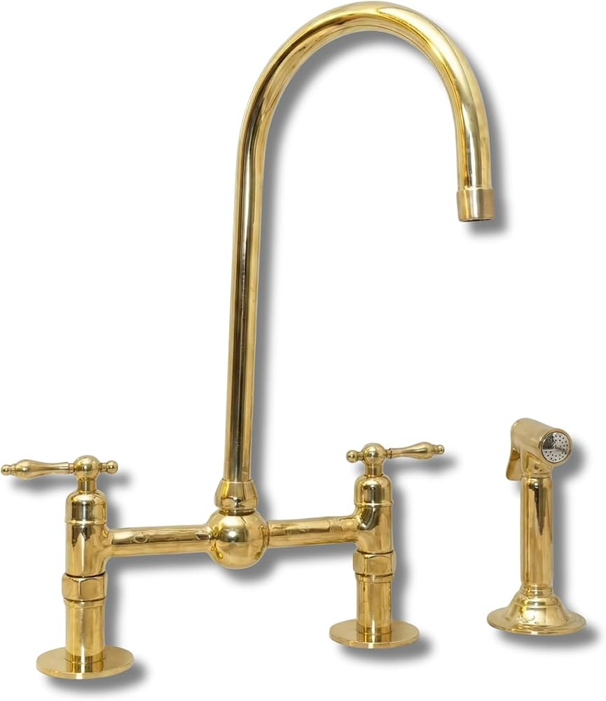8 inches Unlacquered Solid Brass Bridge Faucet, Deck Mount Kitchen Sink Swivel Faucet with Straig... | Amazon (US)