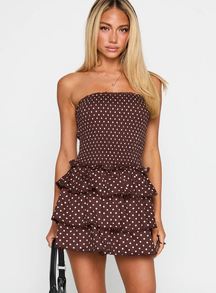 Sunkiss Frill Mini Dress Brown Polka | Princess Polly US
