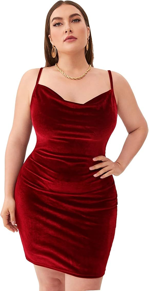SOLY HUX Women's Plus Size Sexy Spaghetti Strap Cowl Neck Velvet Mini Bodycon Dress | Amazon (US)