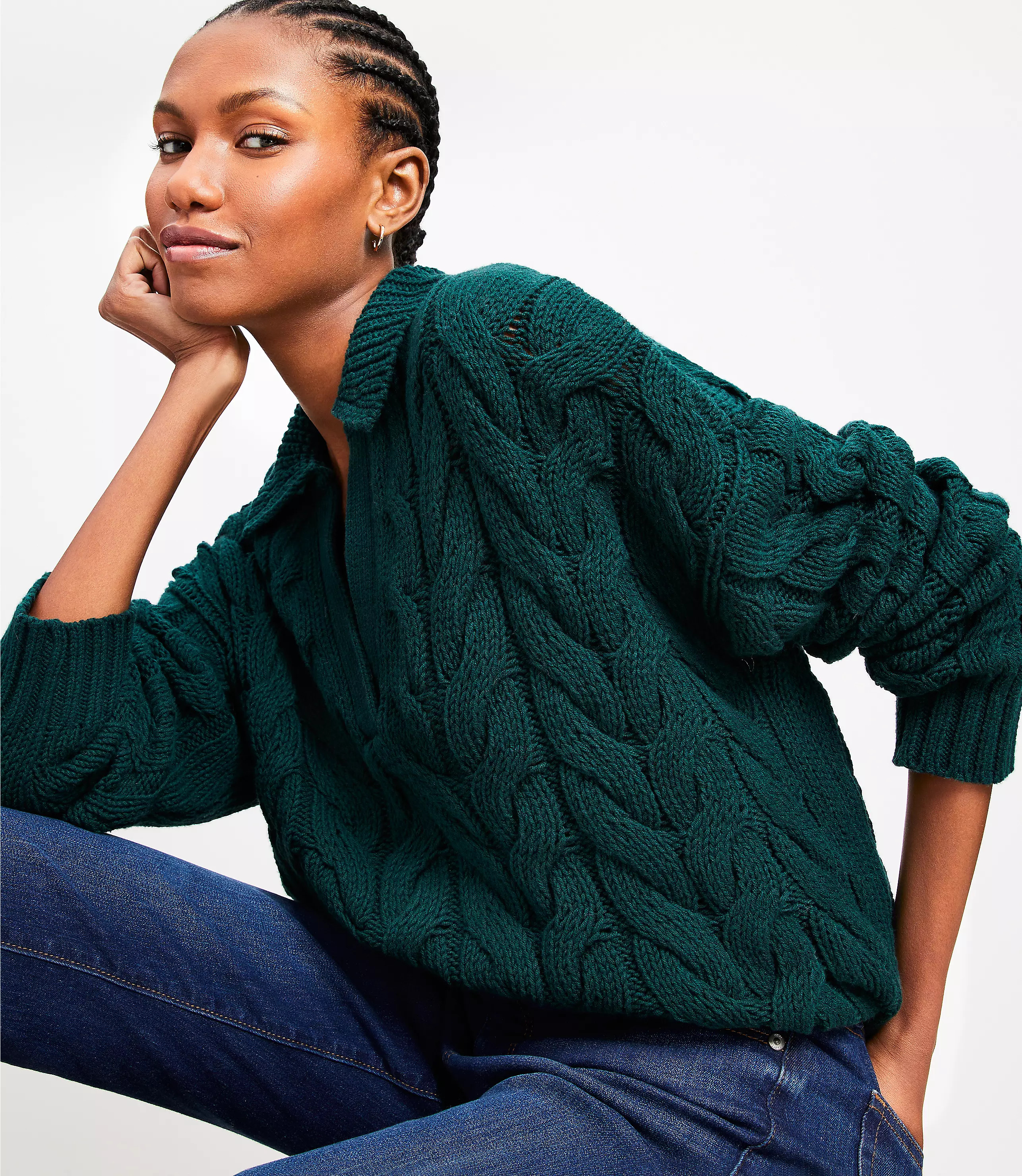 Collared Split Neck Cable Sweater | LOFT