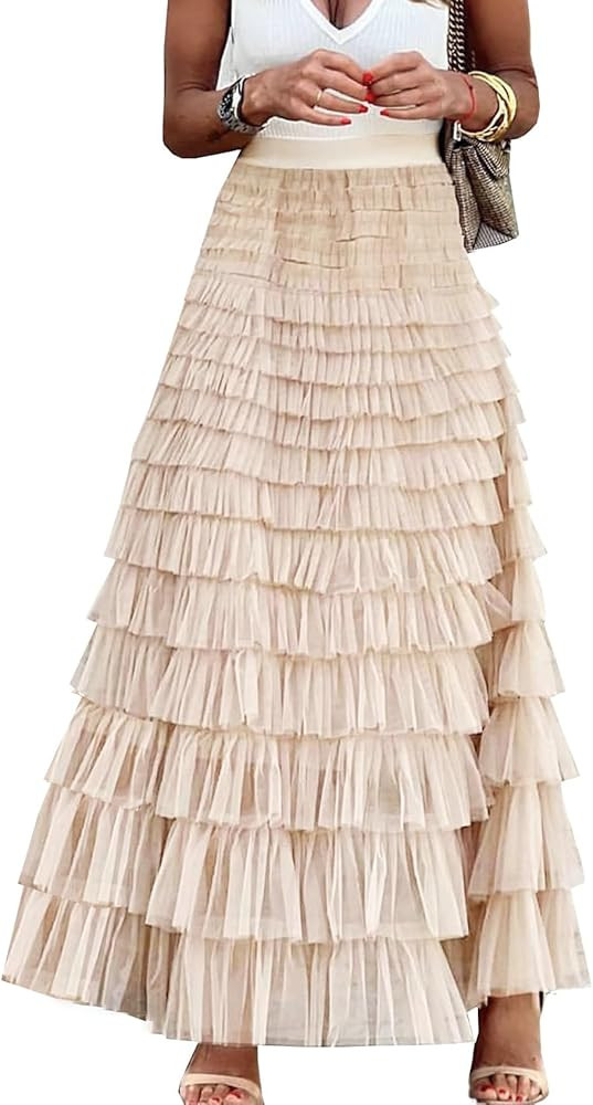 Flygo Women's Long Maxi Tiered Tulle Skirts High Waisted A-Line Layered Mesh Tutu Skirt Petticoat | Amazon (US)