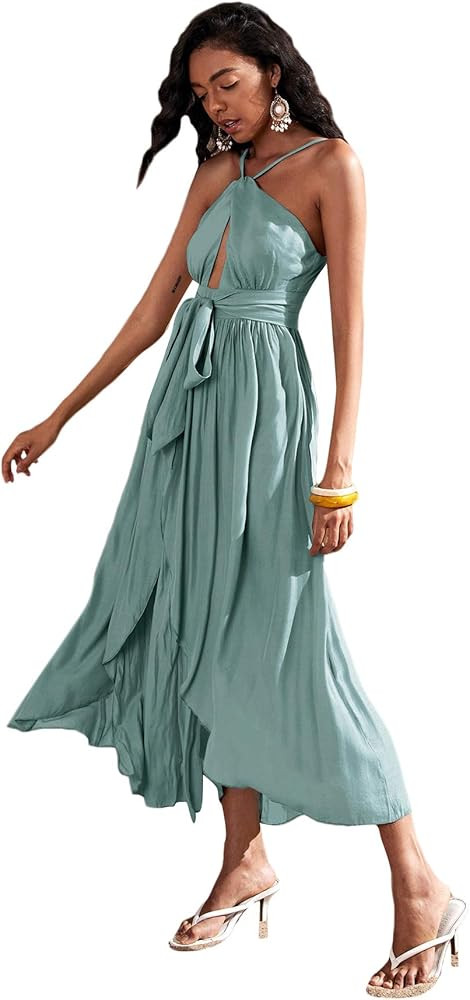 Women's Summer Asymmetrical Hem Sleeveless Self Tie Cami Long Maxi Dress | Amazon (US)