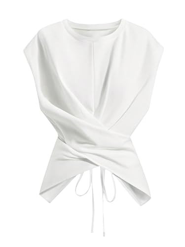 Verdusa Women's Cinched Waist Wrap Top Cap Sleeve Tie Back Going Out Workout Business Casual Tops White Medium | Amazon (US)