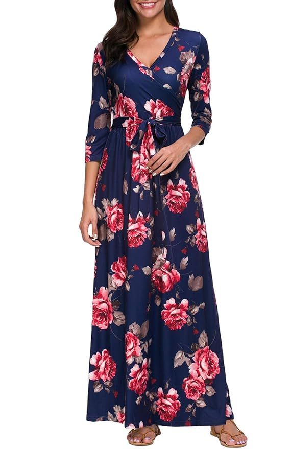 Kranda Womens 3/4 Sleeve V Neck Floral Print Faux Wrap Long Maxi Dress with Belt | Amazon (US)