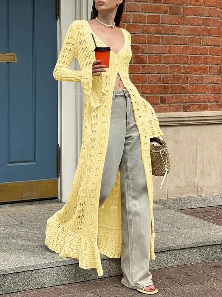 Saodimallsu Womens Crochet Long Cardigans Duster Button Up Bell Long Sleeve Ruffle 2026 Summer Bo... | Amazon (US)
