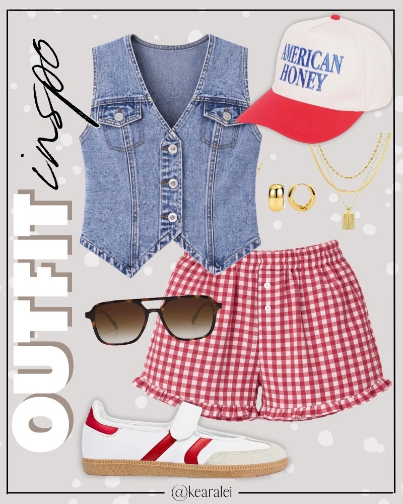 Fourth of July outfit 4th of July outfits 2026 Memorial Day outfits America patriotic red white and blue americana USA Ralph Lauren summer outfit button up denim vest with pockets sleeveless jean vest crop denim tank top flap pocket button front Y2K vest, Womens red plaid gingham boxer shorts ruffle pajama shorts 2026 summer spring lounge casual beach pj bottoms, American honey trucker snap back baseball hat retro 2-tone canvas baseball cap red and blue hat, white and red stripe adidas sambas sneakers look for less Velcro Mary Jane sneakers slip on shoes Gum Thin Sole Casual Tennis Slip on Flat Loafers Skate Walking Shoes Hook and Loop Footwear huggies hoops earrings gold filled gold plated bracelets retro brown oversized aviator sunglasses summer outfits beach outfit vacation outfits resort wear swimsuit coverup cruise clothes || #amazon #outfit #summer #American #4thofjuly #patriotic #boxer #shorts #affordable 
.
.
.

Fitness Wear, Activewear, exercise outfit, workout leggings, sports bra, Lulu lemon, free people motion active athleisure Amazon fashion, teacher outfits, business casual, casual outfits, neutrals, street style, Midi skirt, Maxi Dress, Swimsuit, Bikini, Travel, skinny Jeans, Puffer Jackets, Concert Outfits, Cocktail Dresses, Sweater dress, Sweaters, cardigans Fleece Pullovers, hoodies, button-downs, Oversized Sweatshirts, Jeans, High Waisted Leggings, dresses, joggers, fall Fashion, winter fashion, leather jacket, Sherpa jackets, Deals, shacket, Plaid Shirt Jackets, apple watch bands, lounge set, Date Night Outfits, Vacation outfits, Mom jeans, shorts, sunglasses, Disney outfits, Romper, jumpsuit, Airport outfits, biker shorts, Weekender bag, plus size fashion, Stanley cup tumbler Target, Abercrombie and fitch, Amazon, Shein, Nordstrom, H&M, forever 21, forever21, Walmart, asos, Nordstrom rack, Nike, adidas, Vans, Quay, Tarte, Sephora, lululemon, free people, j crew jcrew factory, old navy

#LTKootd #LTKSeasonal #LTKSaleAlert
