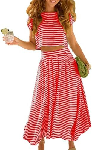 Zontroldy Women's Summer 2 Piece Outfits Striped Skirt Sets Cap Sleeve Crop Top Midi Dress Matchi... | Amazon (US)