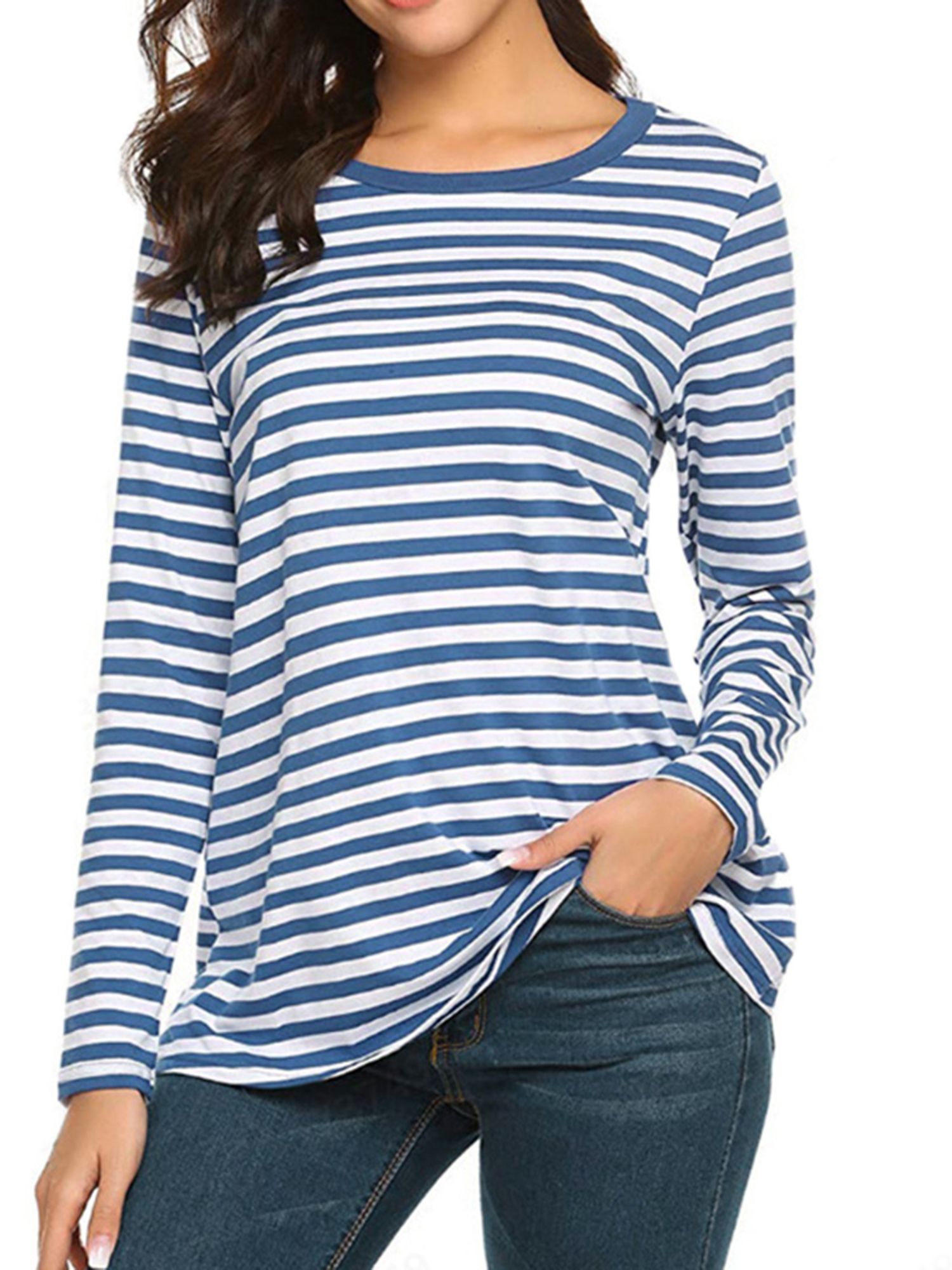 Grianlook Women Tee Crew Neck T-shirt Striped T Shirt Ladies Loose Pullover Patchwork Long Sleeve... | Walmart (US)