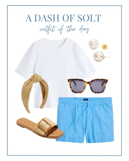 Summer outfit of the day. White tee with eyelet detail and blue linen blend shorts. So easy and so chic! 

Preppy, preppy style, classic style, eyelet, white tee, linen, linen shorts, coastal style, rattan, pearls, tortoise accessories, sunglasses, J.Crew, J.Crew Factory, mom style, summer style, summer outfit 

#LTKstyletip #LTKunder100 #LTKSeasonal