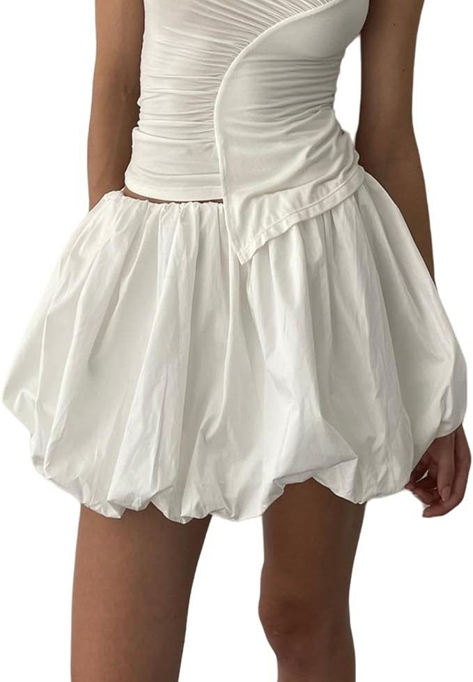 Women Y2K Bubble Skirt High Waist Ruffle Hem A Line Pleated Mini Short Skirt Teen Girls Puffy Sho... | Amazon (US)