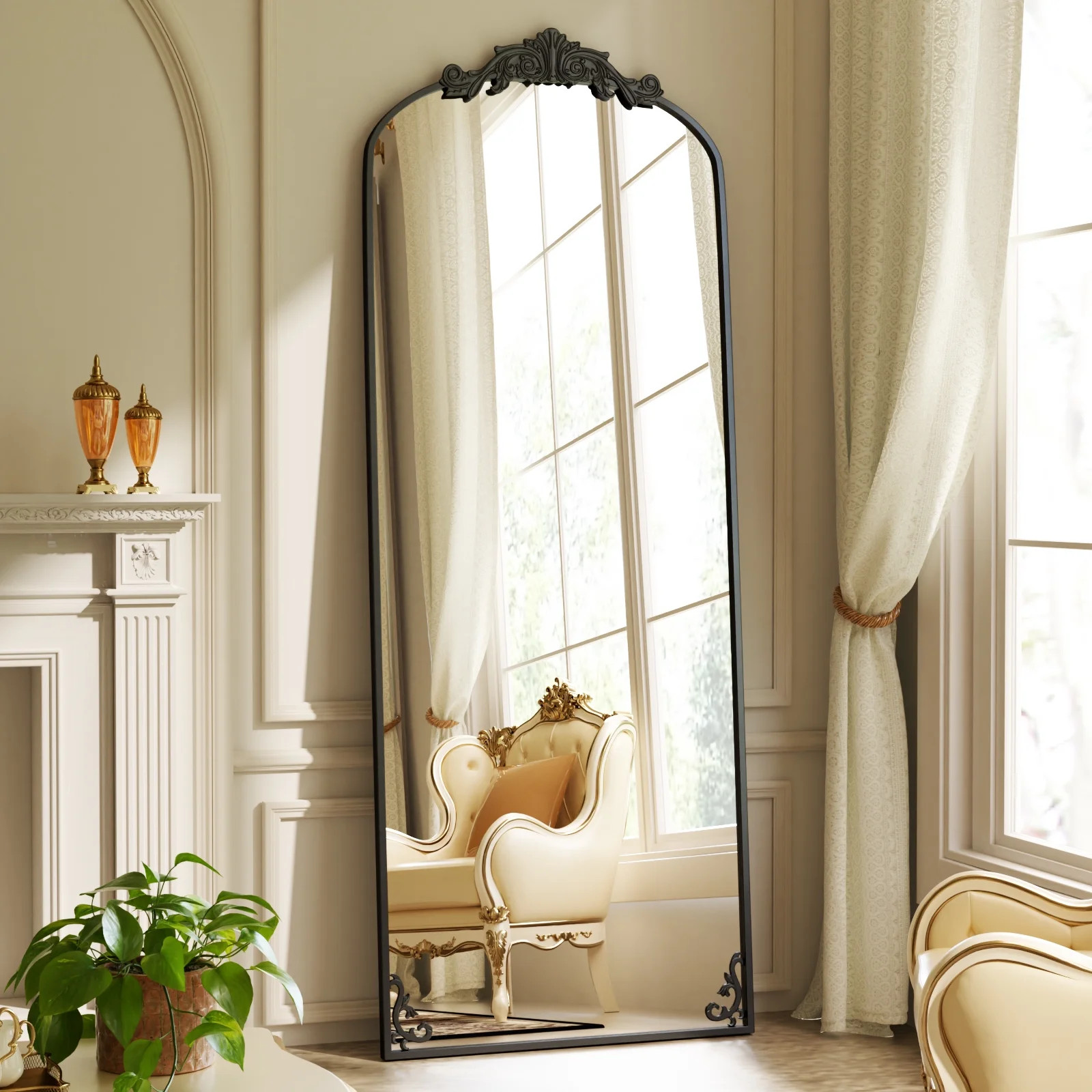 BEAUTYPEAK 72"x24" Full Length Mirror with Baroque Flower Head Design Wall-Mounted Mirror,Black -... | Walmart (US)