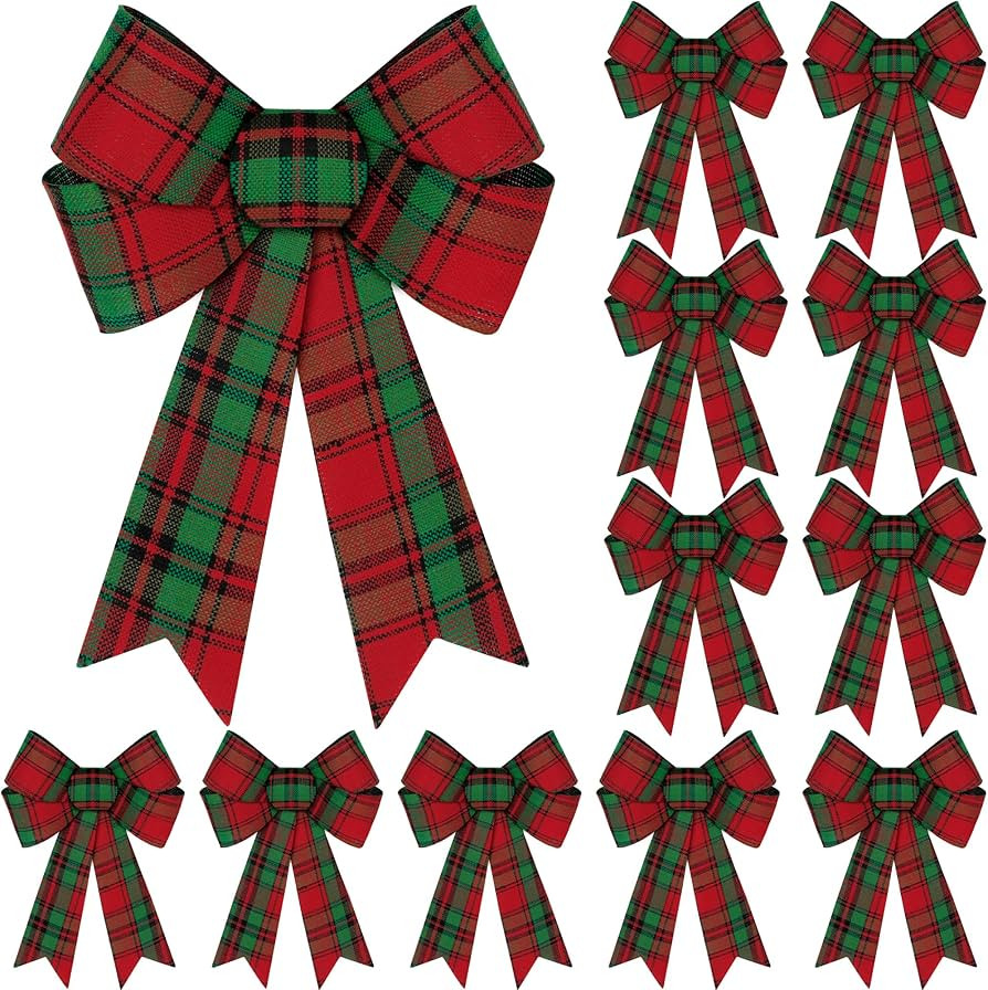 12 PCS Christmas Tree Bows, 9x12 in Large Green Red Christmas Bows, Plastic Xmas Bows for Buffalo... | Amazon (US)
