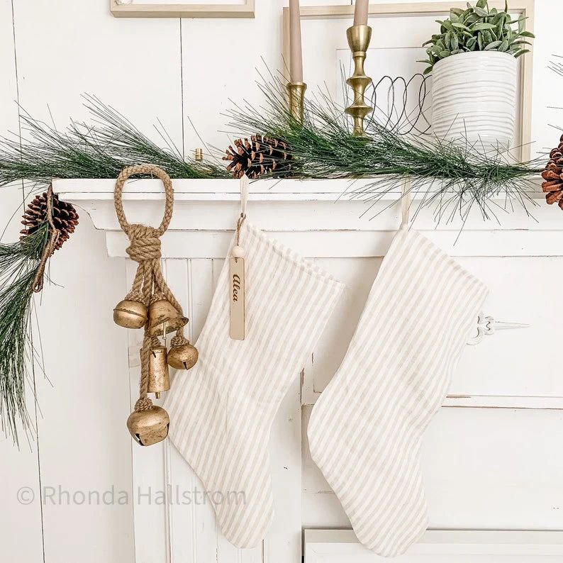 Tan Stripe Linen Christmas Stockings Shabby Chic Holiday - Etsy | Etsy (US)