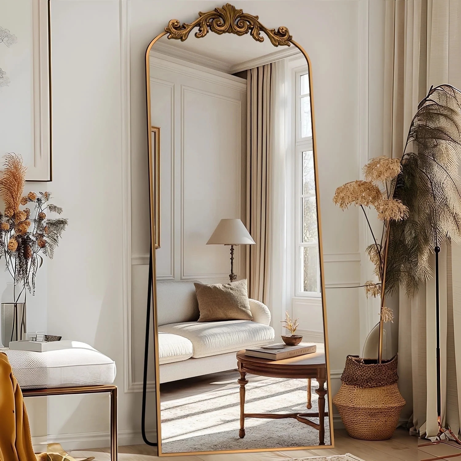 58"x18" Vintage Arched Full-Length Mirror with Carved Metal Frame, Baroque-Style Floor Mirror, Br... | Walmart (US)