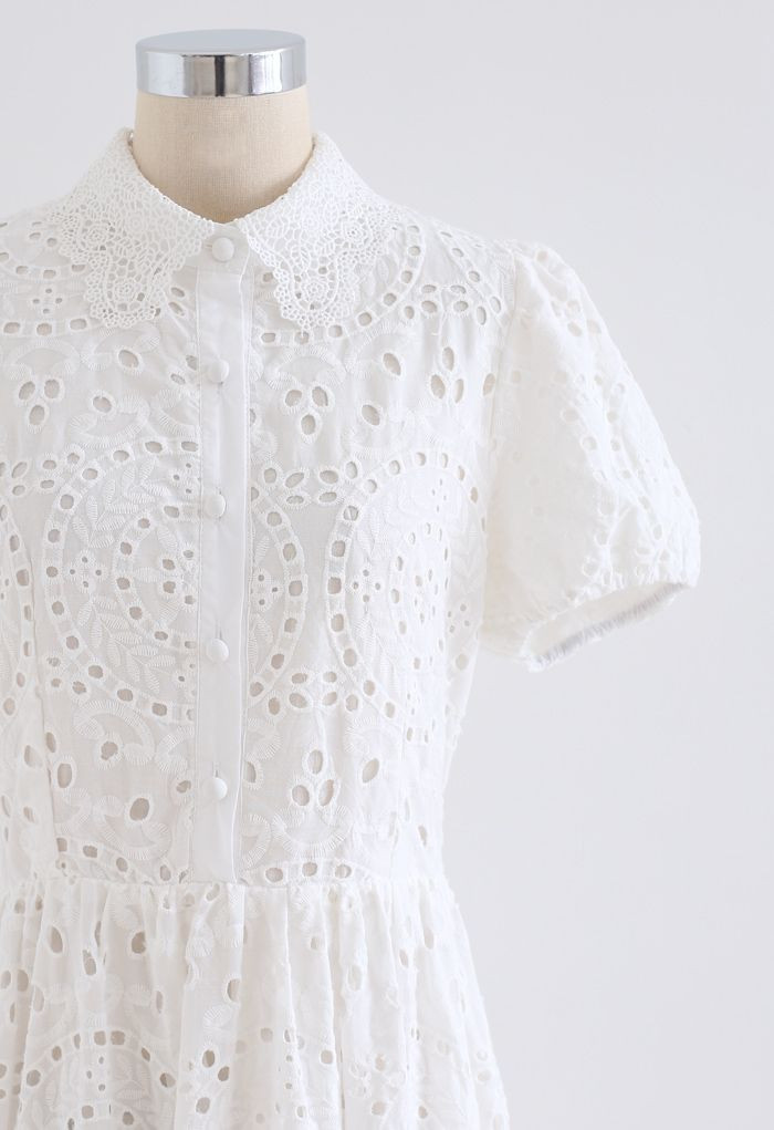 Crochet Collar Embroidered Eyelet Cotton Dress | Chicwish