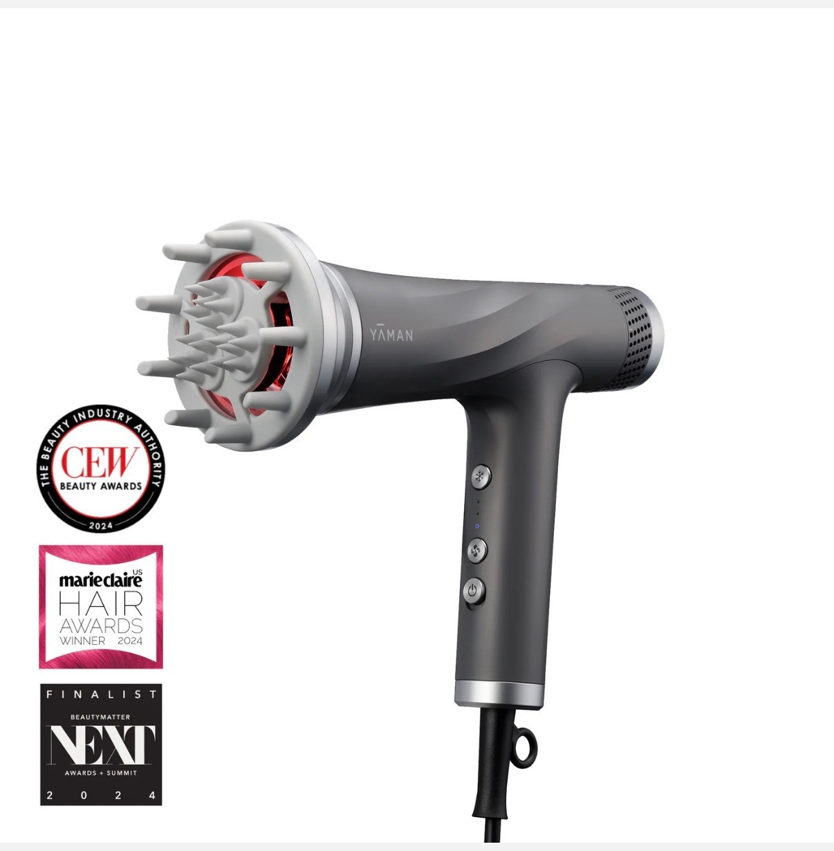 No loud noise/ non stripping/ gentle/ hair drier with LED to stimulate hair follicles/ massager attachment 