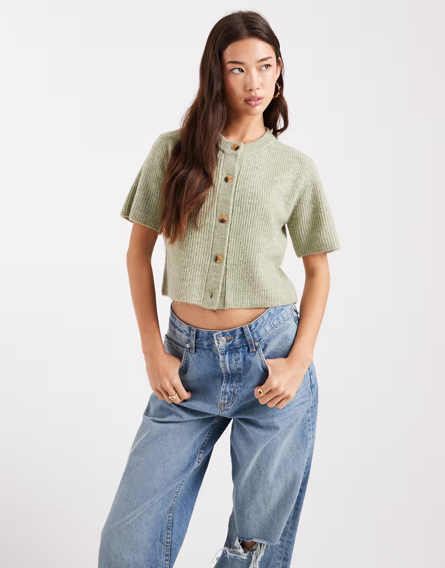 Brave Soul crew neck knit short sleeve cardigan in sage green | ASOS (Global)