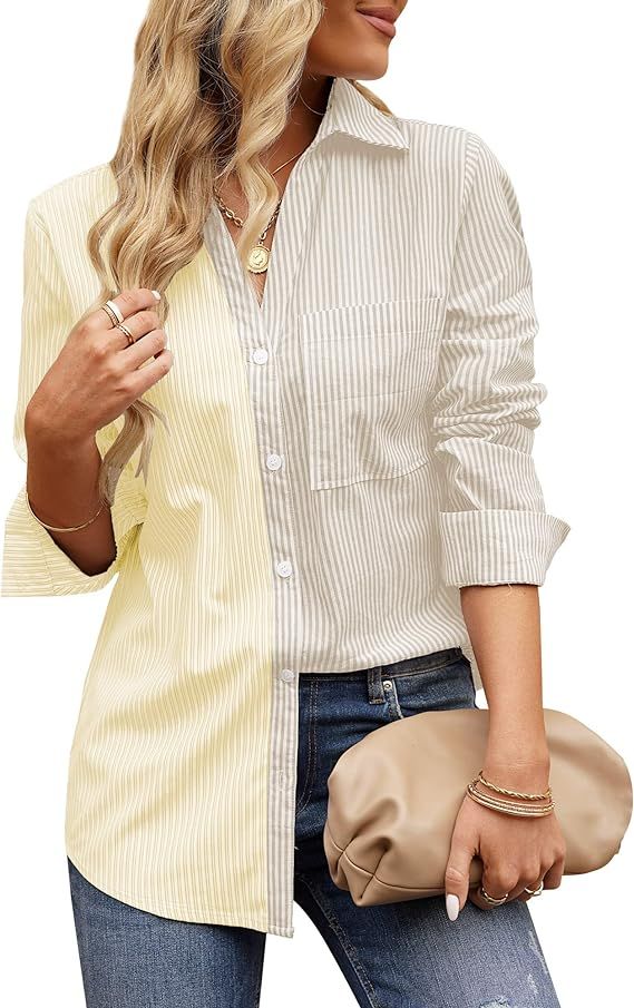 GRAPENT Women's Casual Button Down Shirt Striped Blouse Colorblock Long Sleeve Top | Amazon (US)