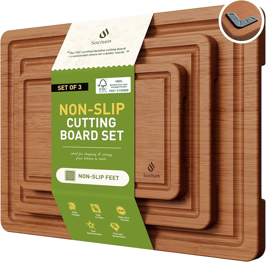 3 Packs Bamboo Cutting Board Set with Non Slip Feet and Over Sink Nice Solid Thick Wood Juice Gro... | Amazon (US)
